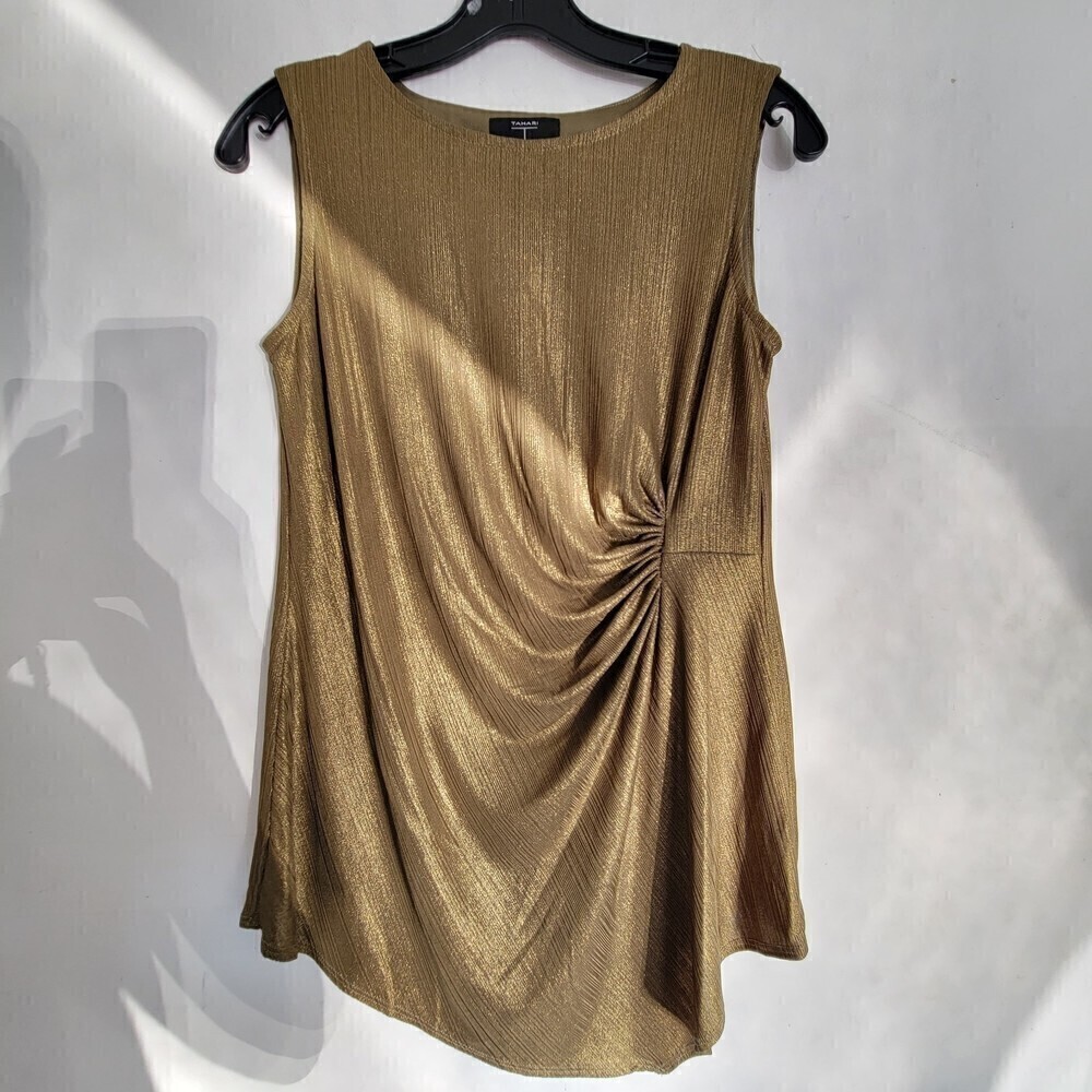NEW Tahari Lakeside Green Gold Foil Shimmery Ruched Sleeveless Blouse Top Sz XS
